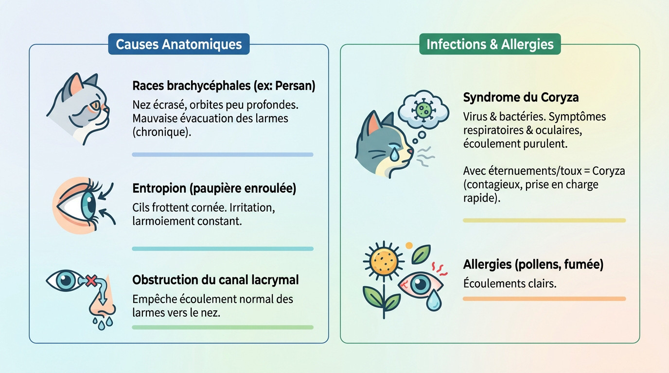 Schéma illustrant les causes médicales du larmoiement chez le chat : anatomie, entropion et obstruction du canal lacrymal
