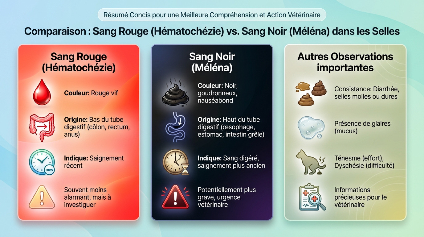 Schéma comparatif vétérinaire : différence visuelle entre hématochézie (sang rouge) et méléna (sang noir) dans les selles canines