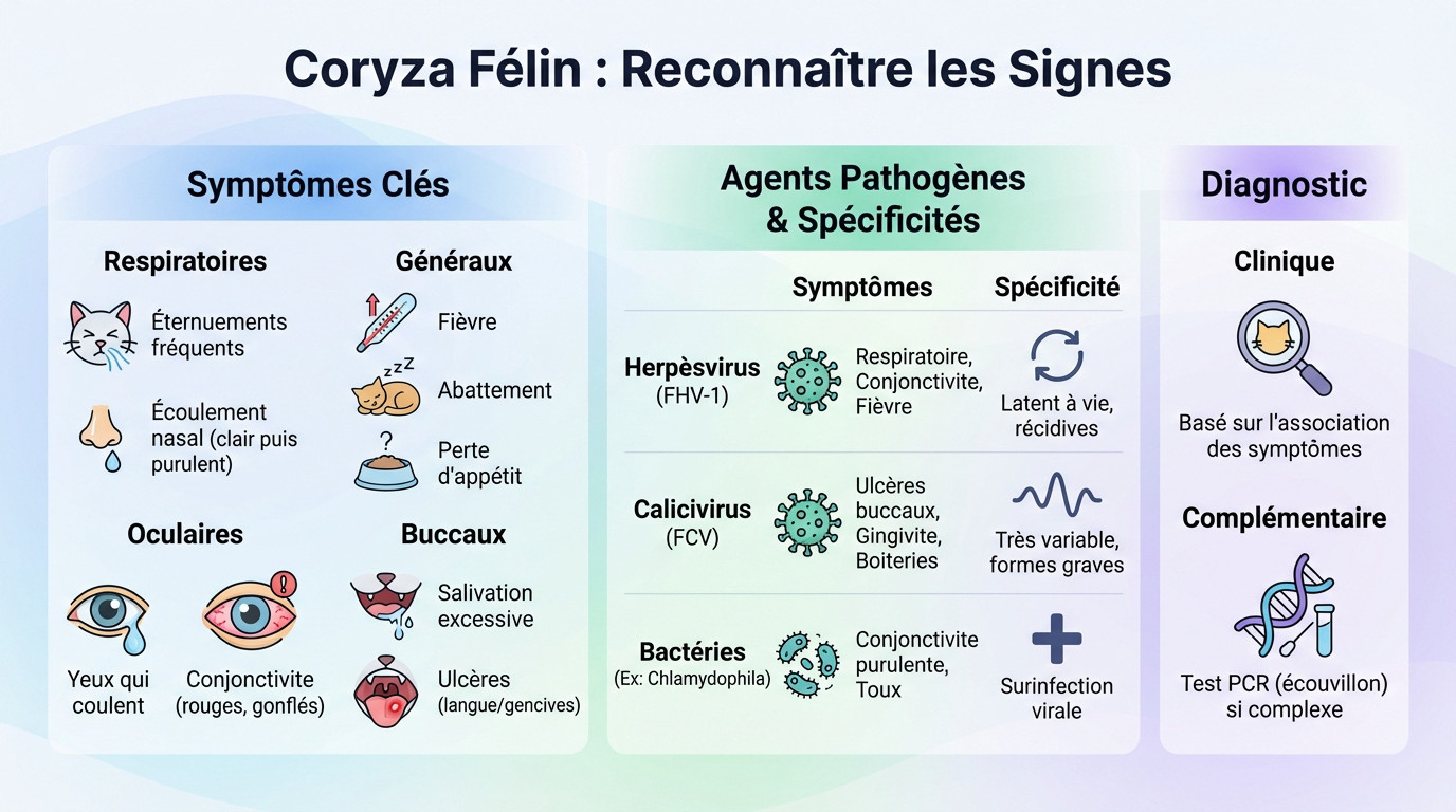 Chat atteint de coryza présentant des écoulements oculaires et nasaux caractéristiques