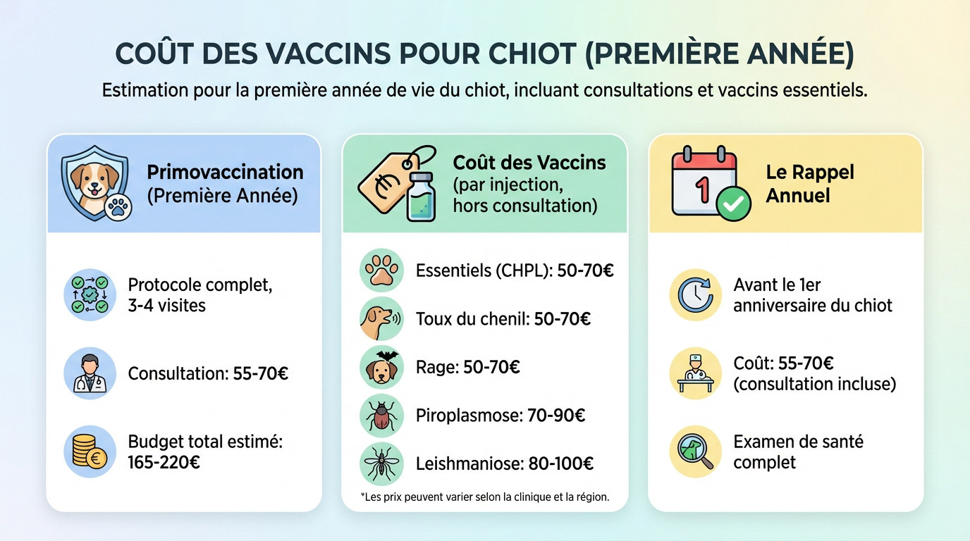 Tableau noir avec calculs des coûts de vaccination pour un chiot et matériel vétérinaire