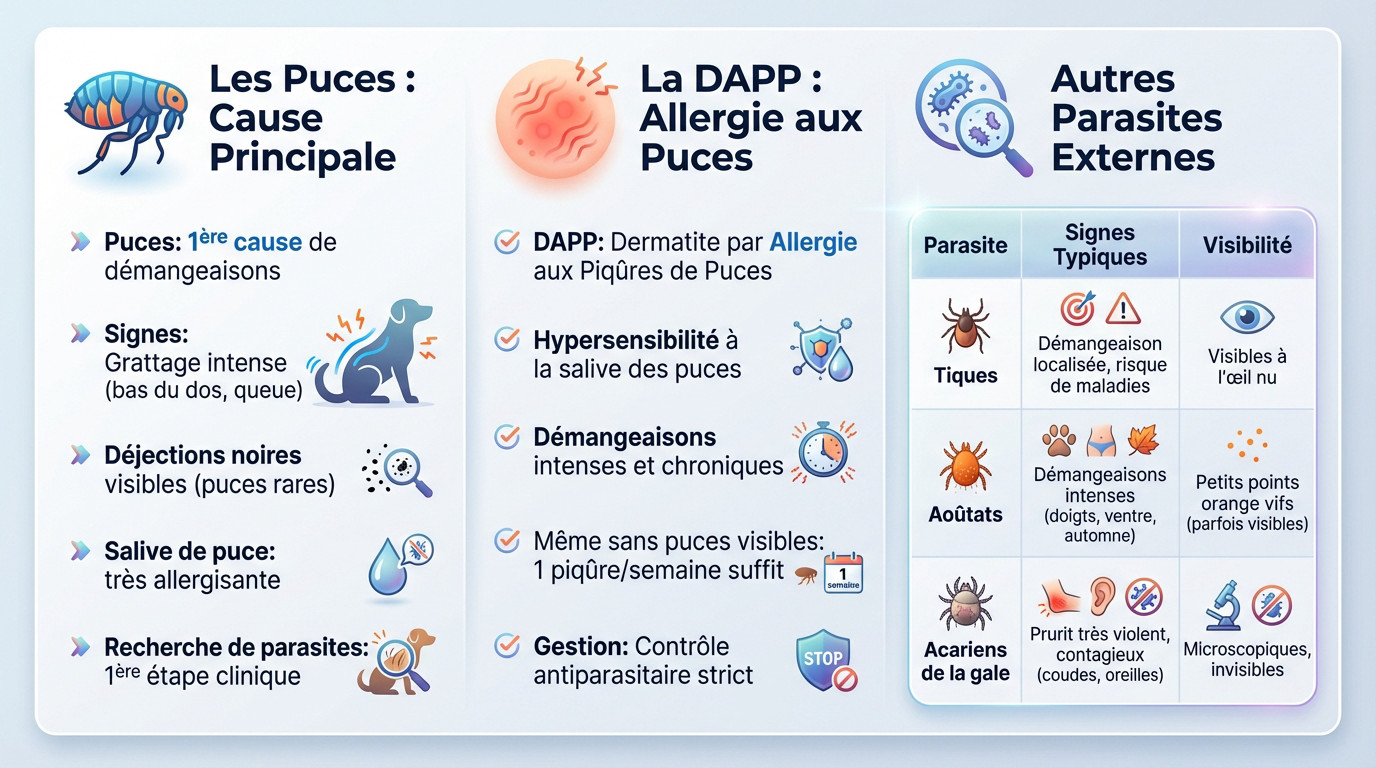 Chien qui se gratte à cause de parasites externes comme les puces ou la gale