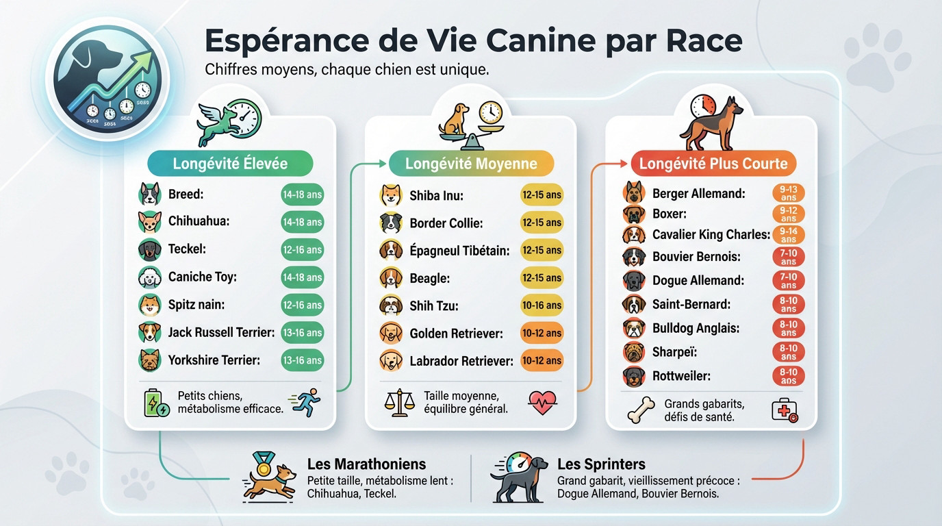 Graphique illustrant l'espérance de vie moyenne des chiens selon leur race et leur taille