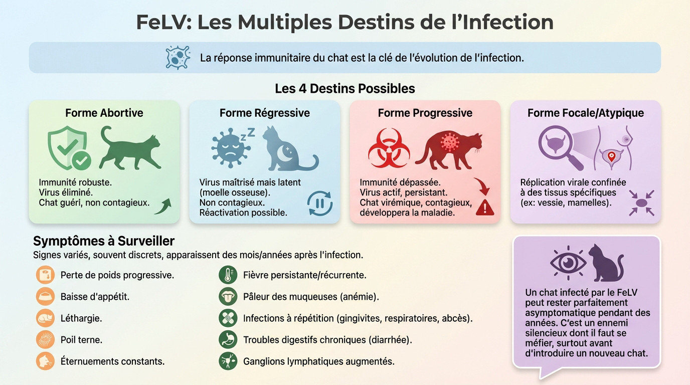 Schéma illustrant les formes abortive, régressive et progressive de l'infection par le virus de la leucose féline
