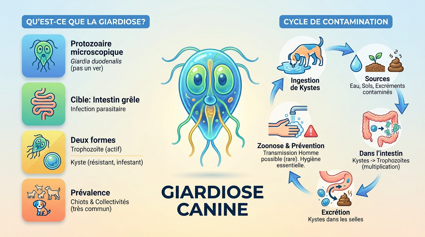 Schéma explicatif du cycle de contamination de la giardiose canine et du parasite Giardia duodenalis