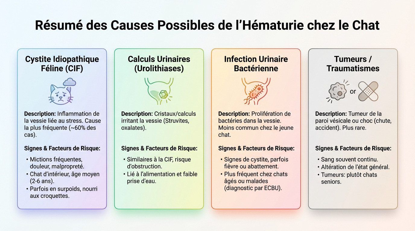 Schéma expliquant les causes de sang dans l'urine du chat : cystite, calculs et infections