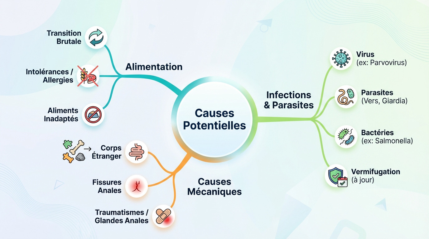 Infographie illustrant les causes alimentaires et infectieuses des troubles digestifs chez le chien
