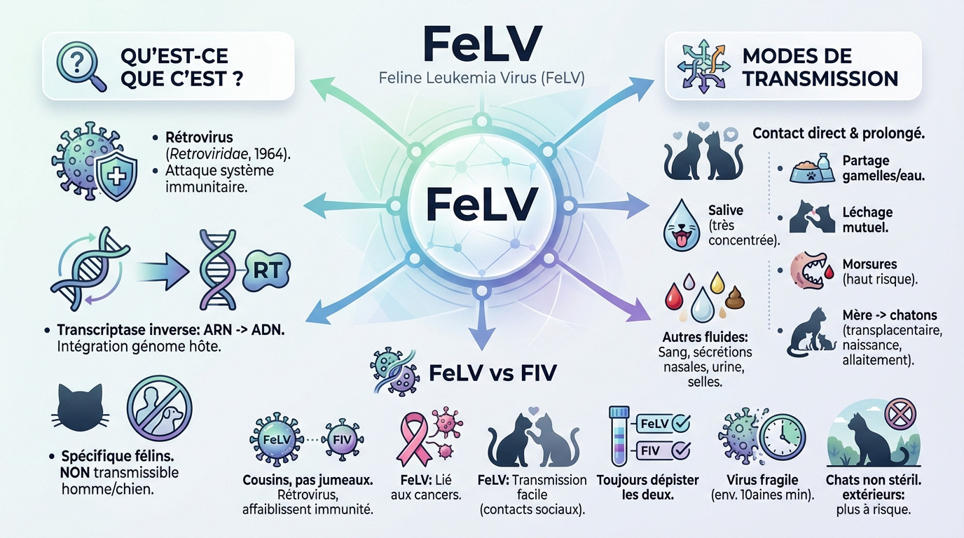 Infographie vétérinaire expliquant le mécanisme du virus de la leucose féline FeLV chez le chat
