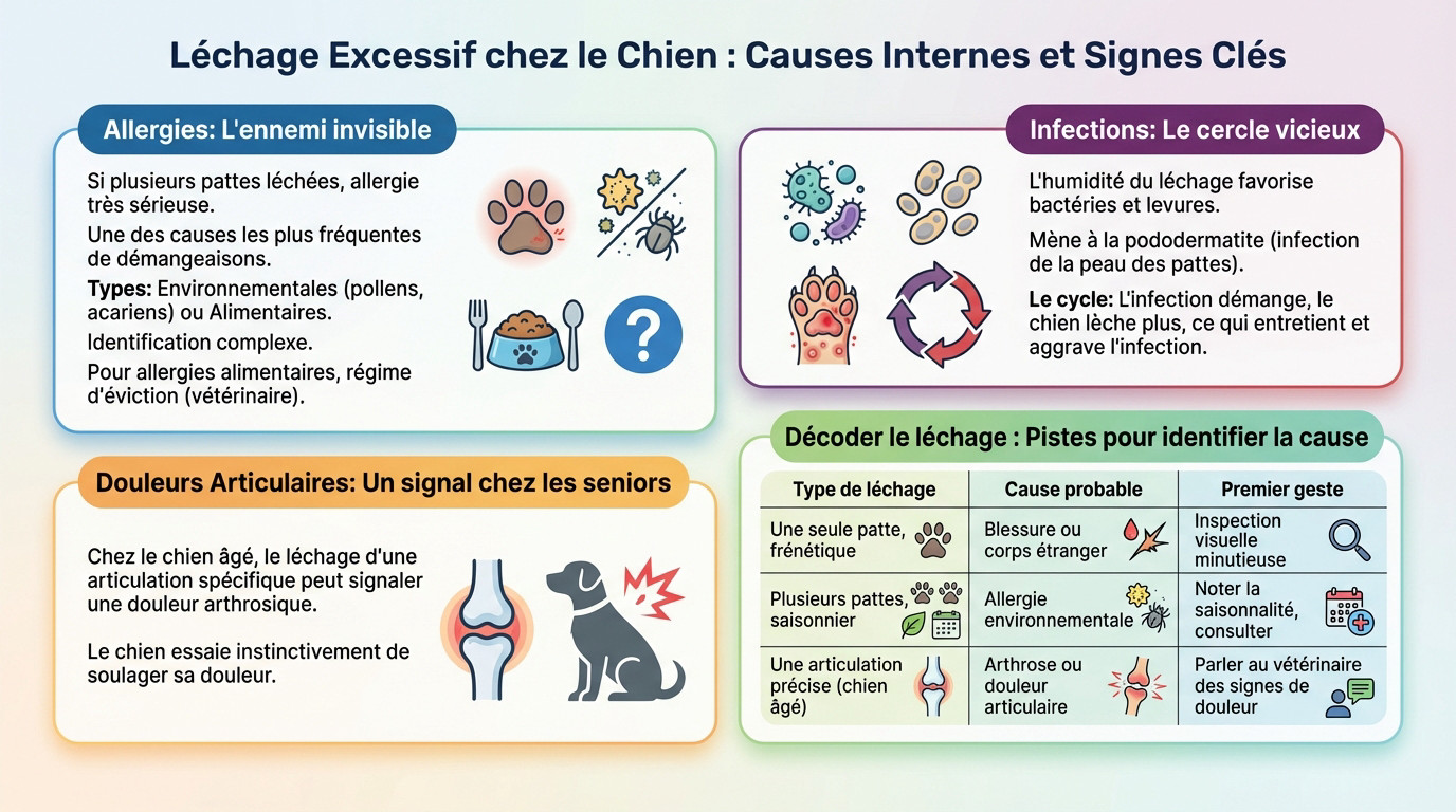 Chien qui se lèche la patte de manière excessive à cause d'une allergie ou infection
