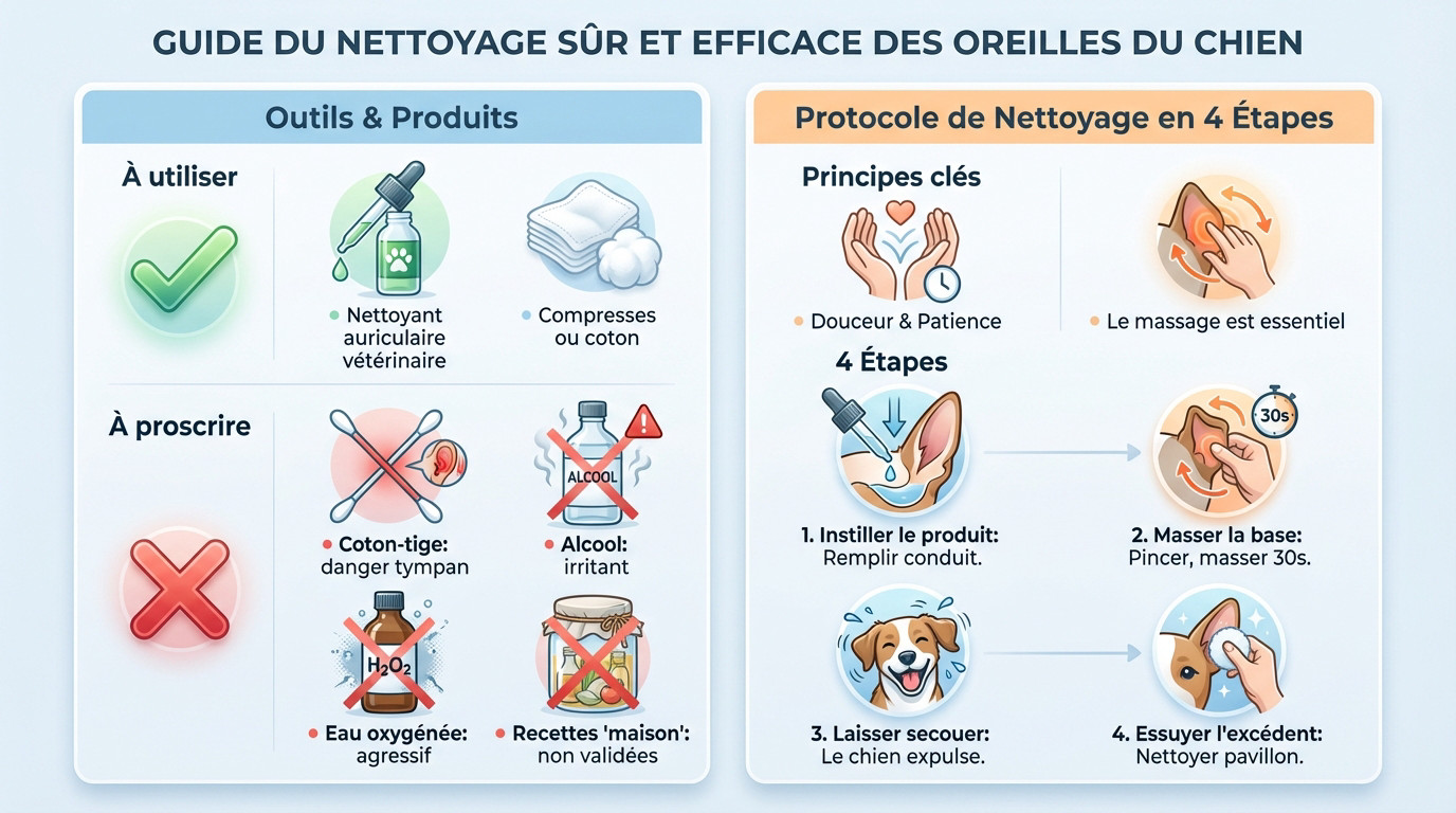 Illustration étape par étape pour nettoyer les oreilles d'un chien : instillation du produit, massage de la base et essuyage