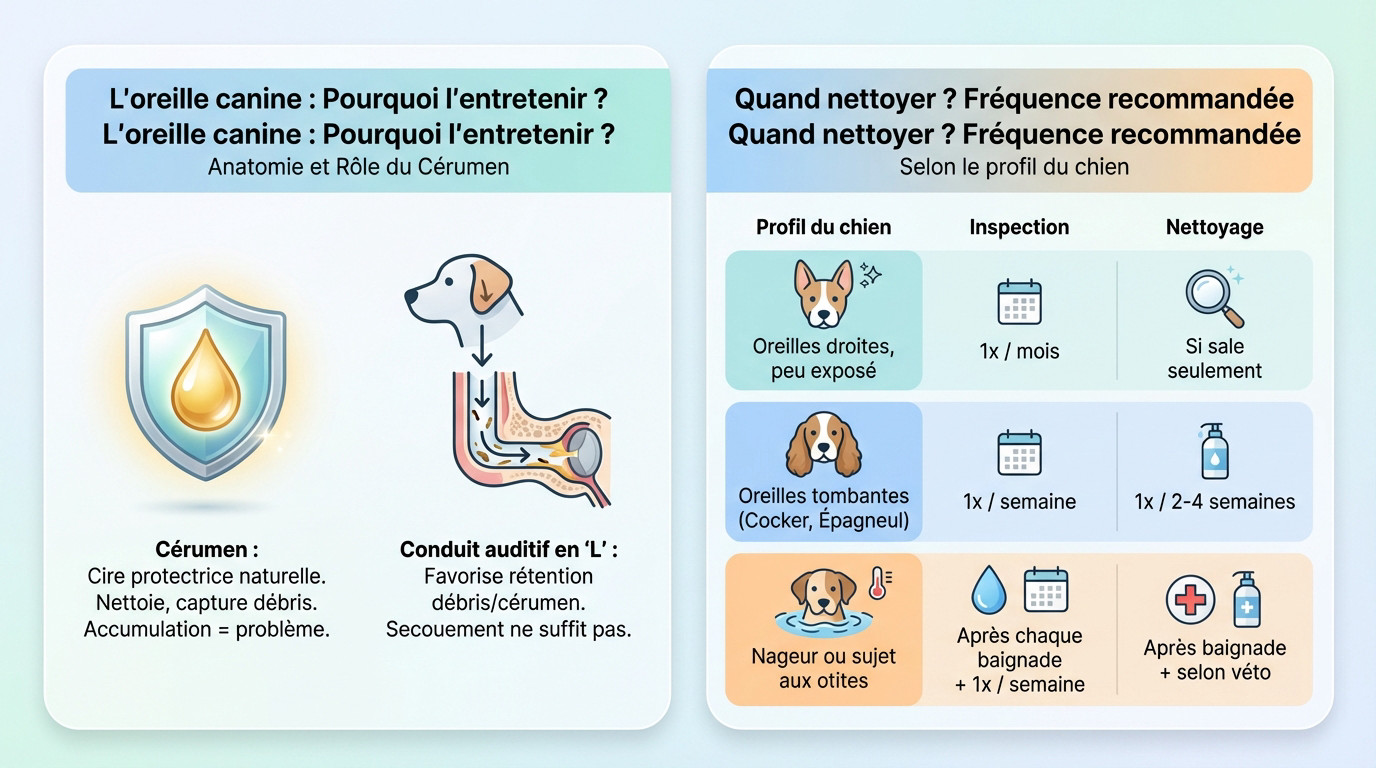 Schéma anatomique montrant le conduit auditif en L du chien et les zones de nettoyage