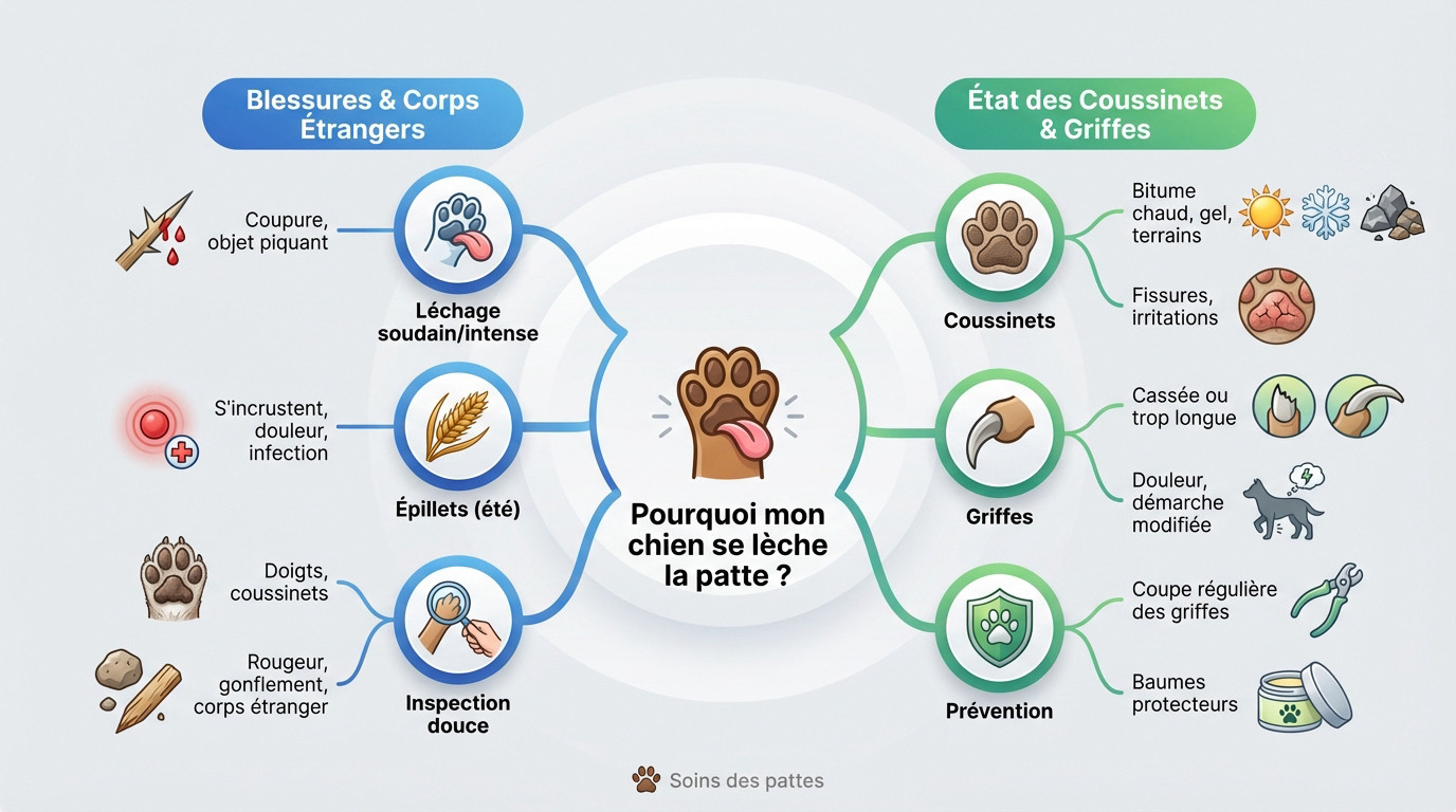 Chien qui inspecte et lèche sa patte pour soulager une douleur physique