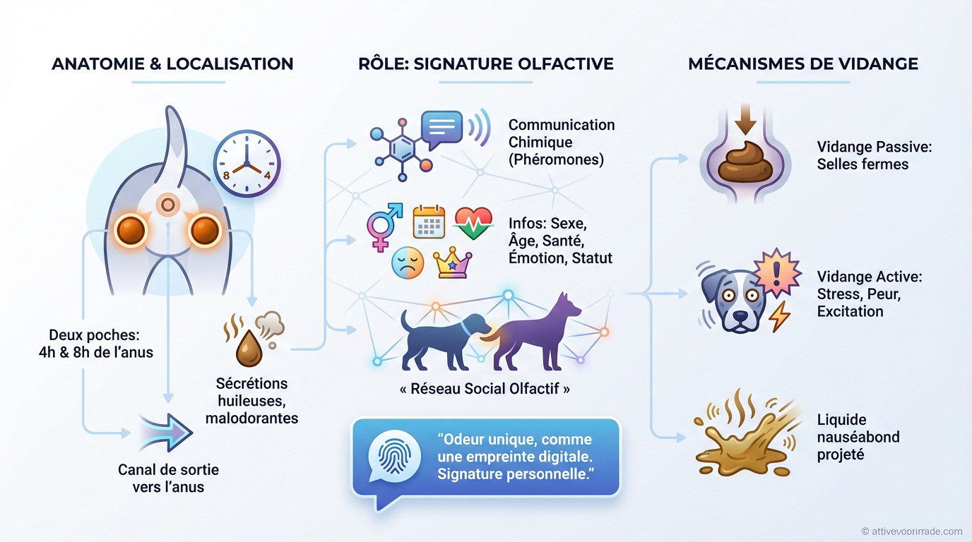 Schéma anatomique montrant la position des sacs anaux du chien à 4h et 8h