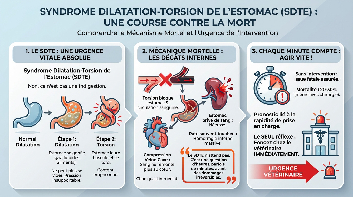 Schéma vétérinaire illustrant le mécanisme de dilatation et torsion de l'estomac chez le chien