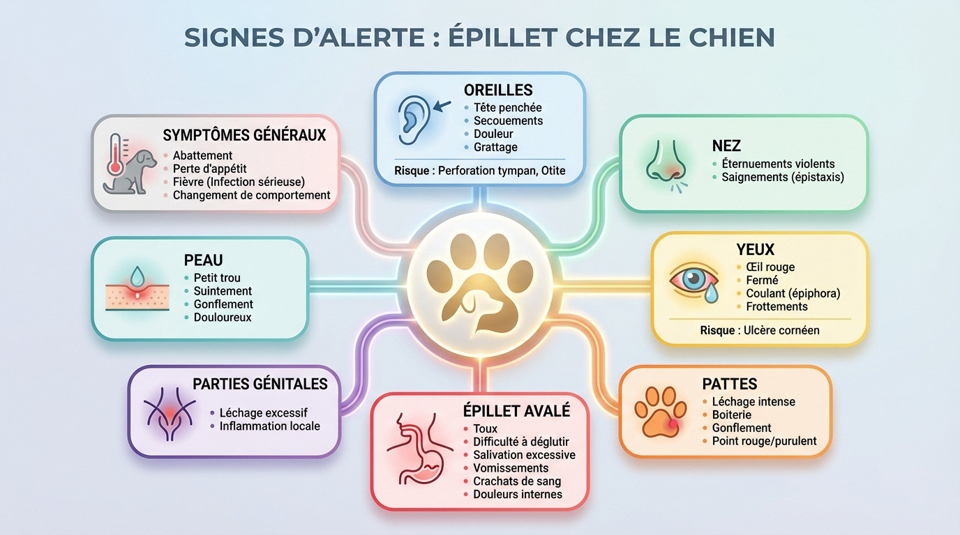 Schéma des zones à risque pour les épillets chez le chien et symptômes associés