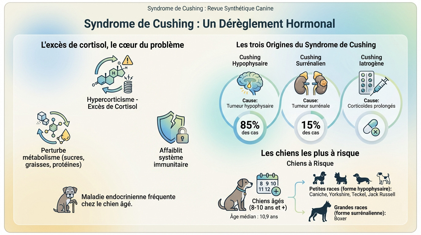 Schéma explicatif des causes et risques du syndrome de Cushing chez le chien âgé