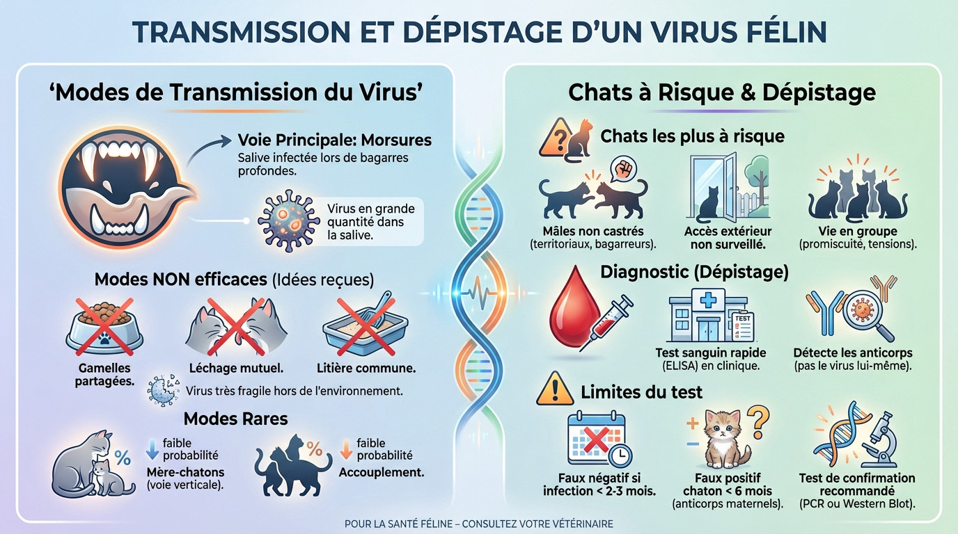 Vétérinaire réalisant un test de dépistage FIV sur un chat roux en clinique