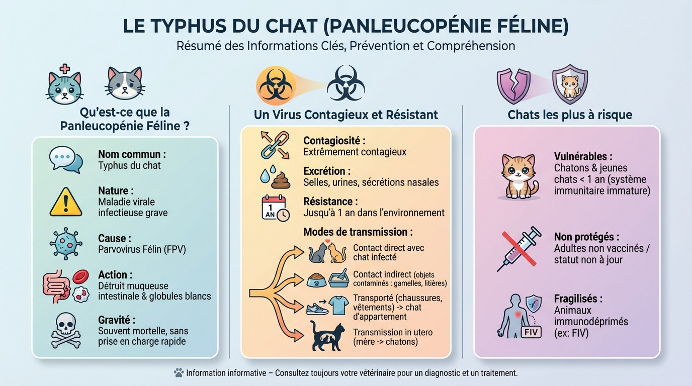 Infographie sur le typhus du chat : symptômes, transmission et risques de la panleucopénie féline