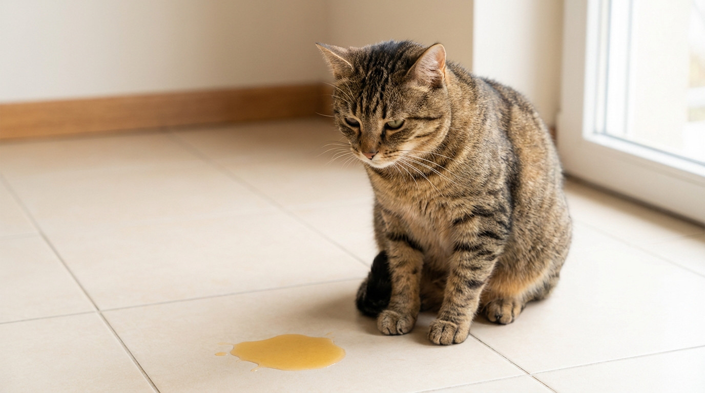 A brown and black tabby cat sits on a tiled floor next to a small yellow puddle, looking down with a subdued expression.