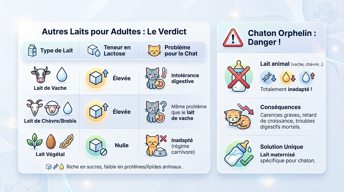 Chat curieux devant différents types de lait inadaptés à son régime alimentaire