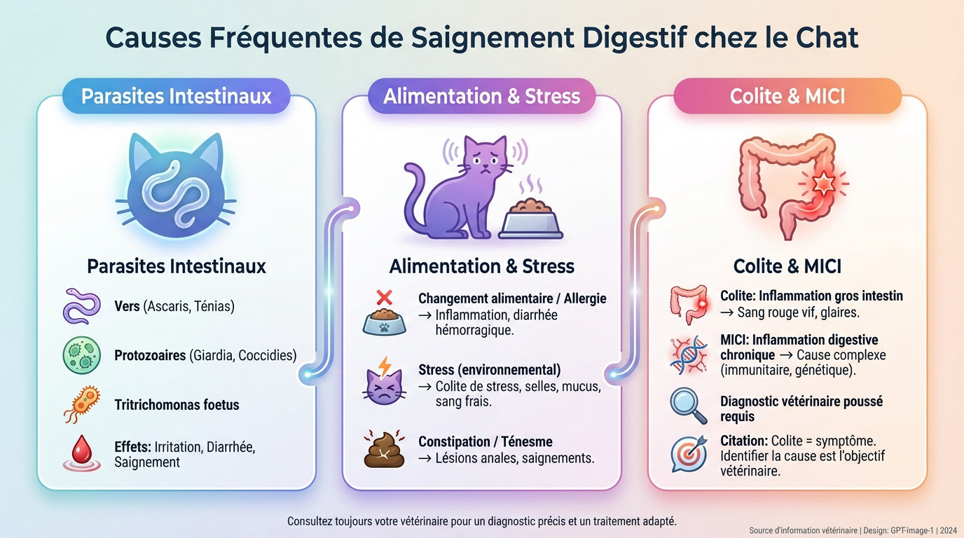 Chat tigré assis près de sa litière, l'air préoccupé, illustrant les problèmes de sang dans les selles