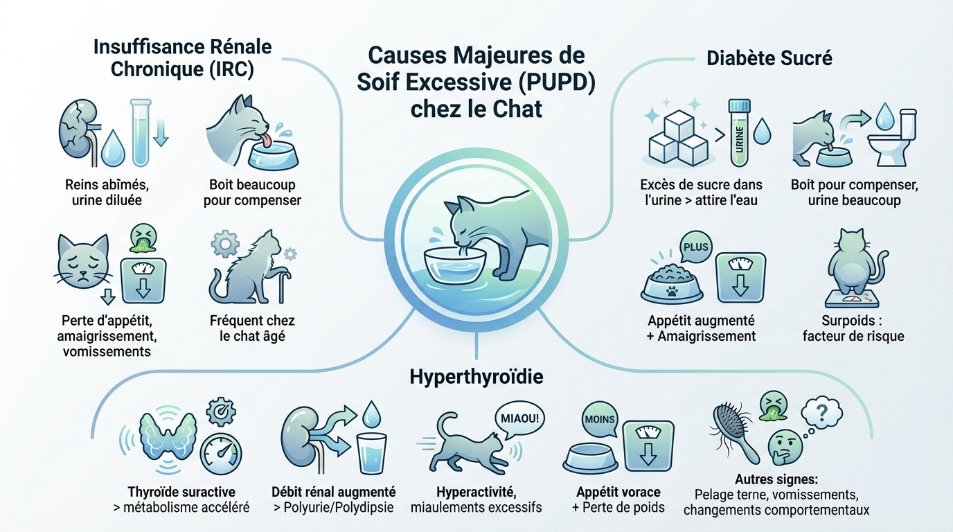 Schéma illustrant les trois maladies principales causant une soif excessive chez le chat : insuffisance rénale, diabète et hyperthyroïdie