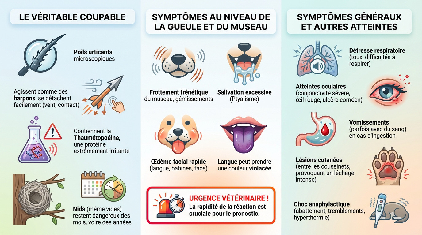 Chien présentant des symptômes de contact avec une chenille processionnaire