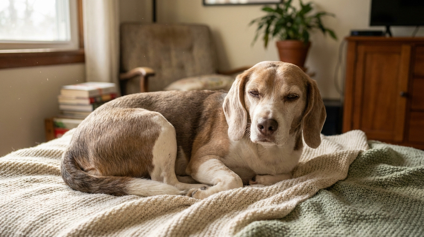 A calm Beagle, fur slightly dull, rests on a soft, muted blanket in a warm, naturally lit room. Background blurred, empathetic mood.