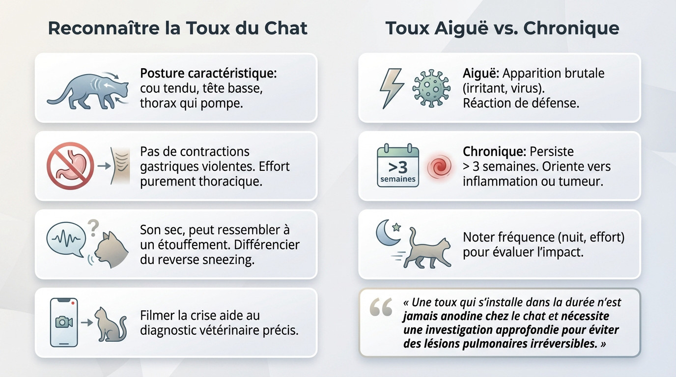 Un chat en posture d'orthopnée avec le cou tendu pour faciliter sa respiration