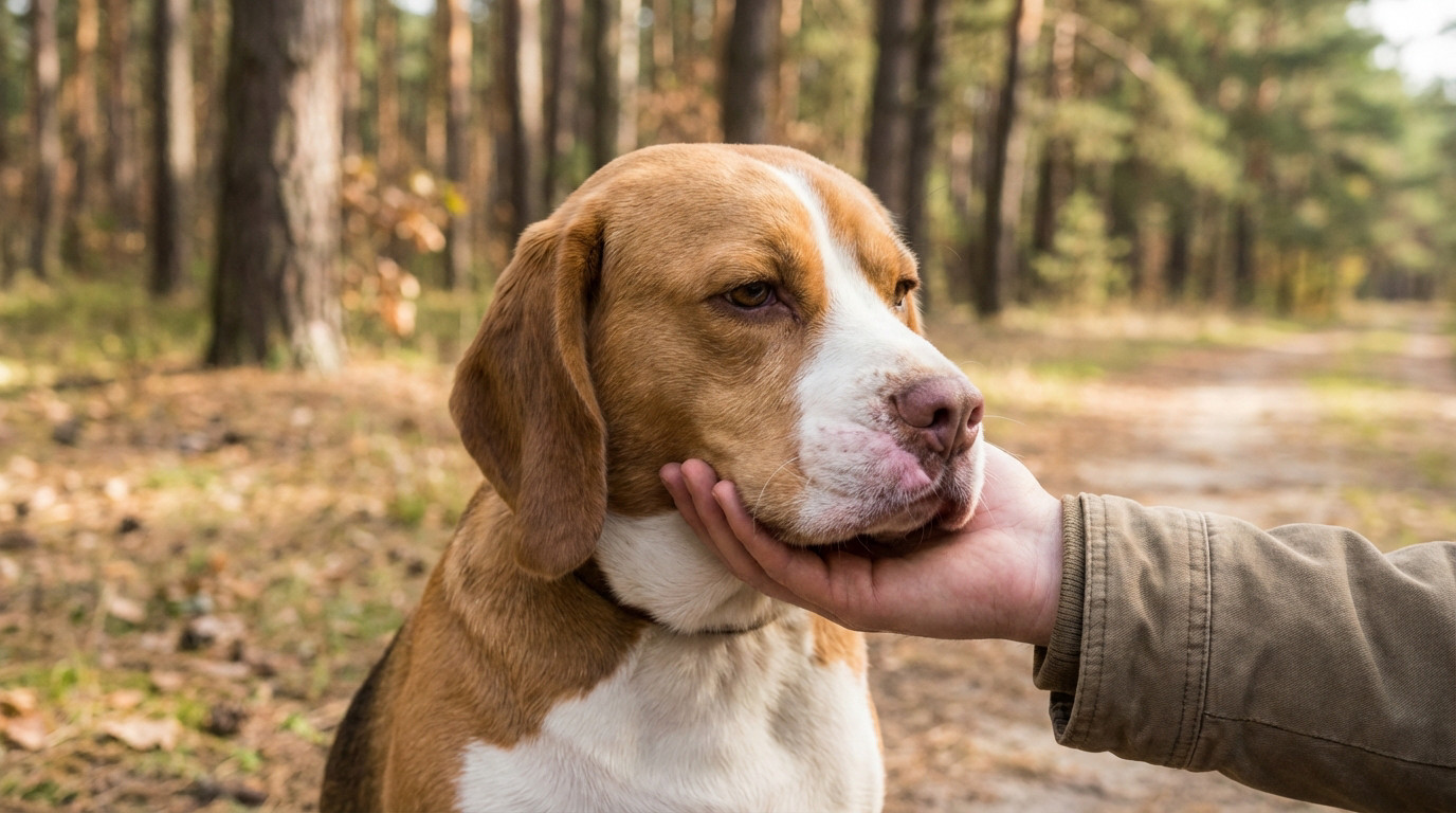 Photorealistic image of a worried Beagle with mild muzzle irritation, comforted by a human hand in a soft-focus pine forest.