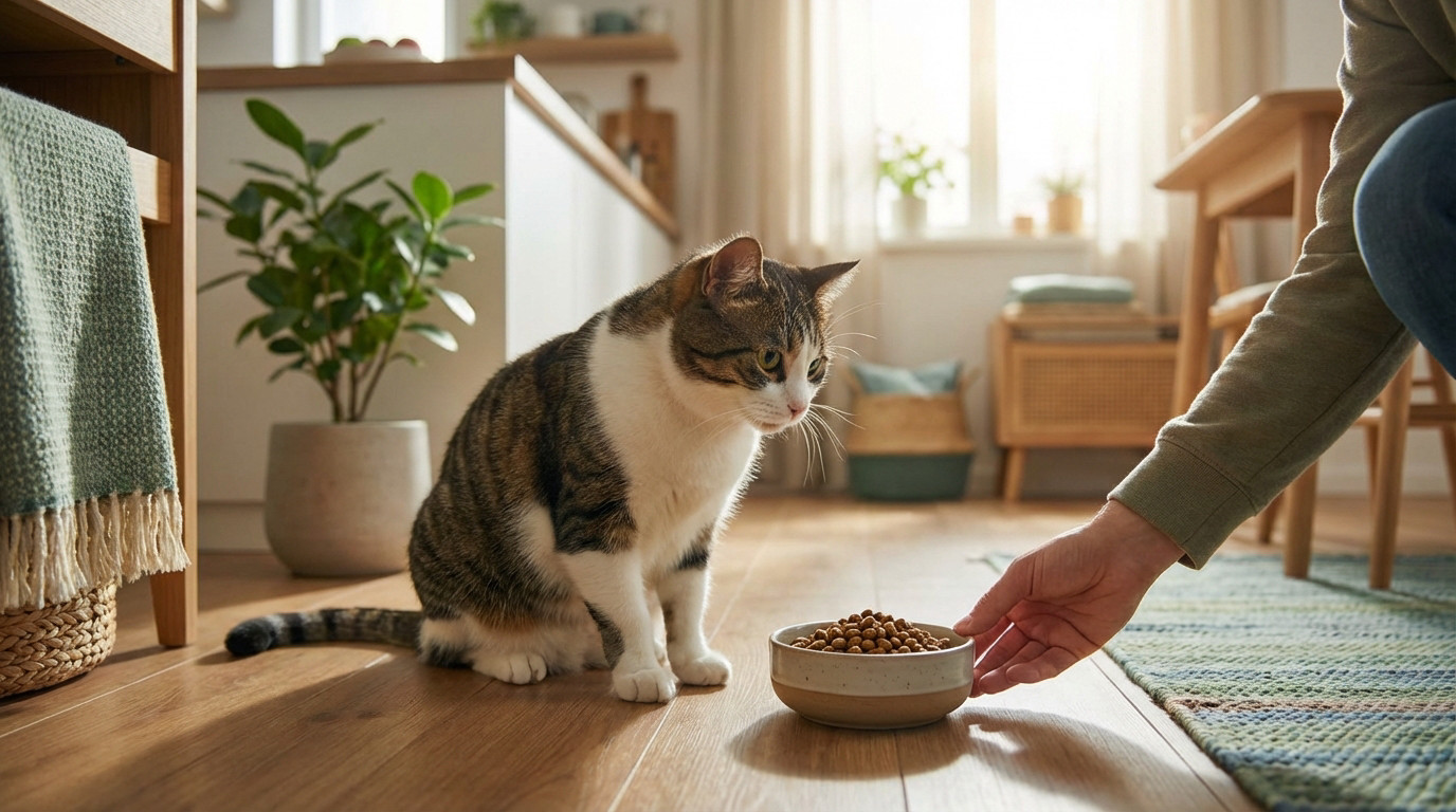 A well-cared-for tabby cat looks curiously at its food bowl, gently placed by a person's hand in a sunlit, inviting home.