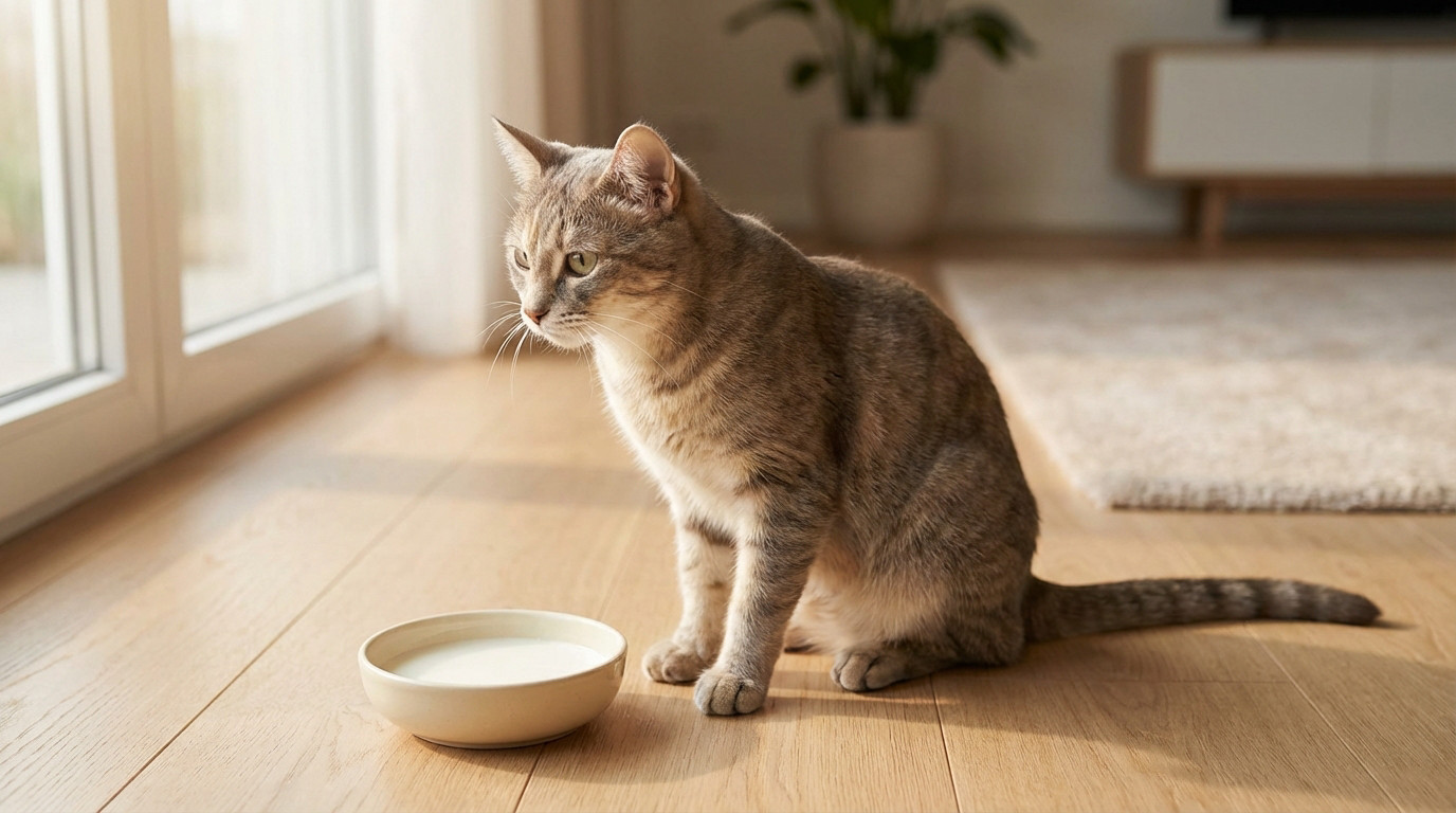A sleek tabby cat sits on a light wooden floor, looking hesitantly at a bowl of white milk. Soft sunlight illuminates the modern home interior.
