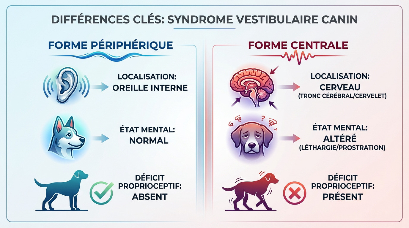 Comparaison visuelle entre syndrome vestibulaire périphérique et central chez le chien
