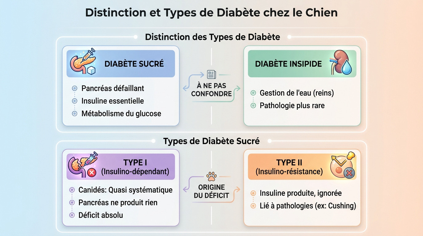 Schéma médical expliquant les différences entre le diabète sucré et le diabète insipide chez le chien