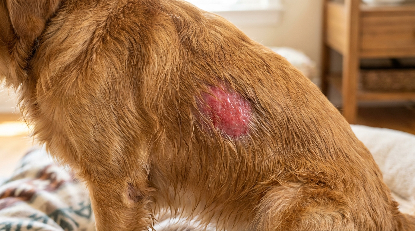 Close-up of a dog's flank showing a red, moist, inflamed hot spot. Surrounding fur is matted and damp due to irritation.