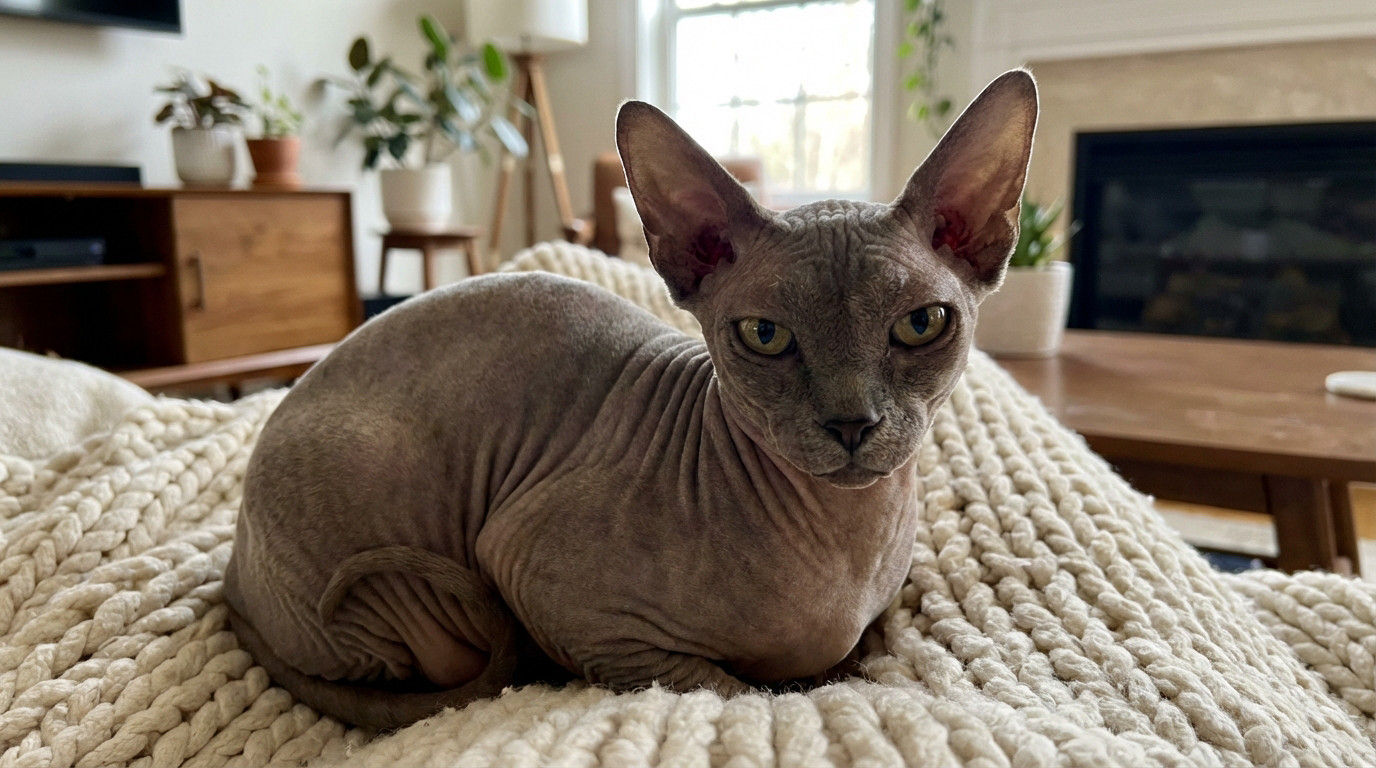 A medium close-up of a gray Sphynx cat with wrinkled skin and large ears, looking curious from a cozy blanket in a soft home setting.