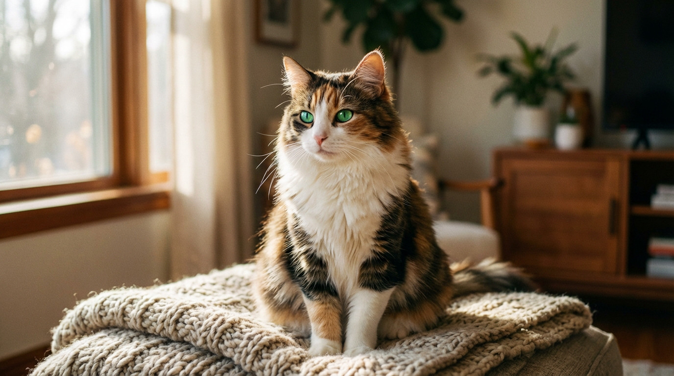 A fluffy calico cat with striking emerald green eyes sits calmly on a soft blanket, bathed in warm natural light from a window.