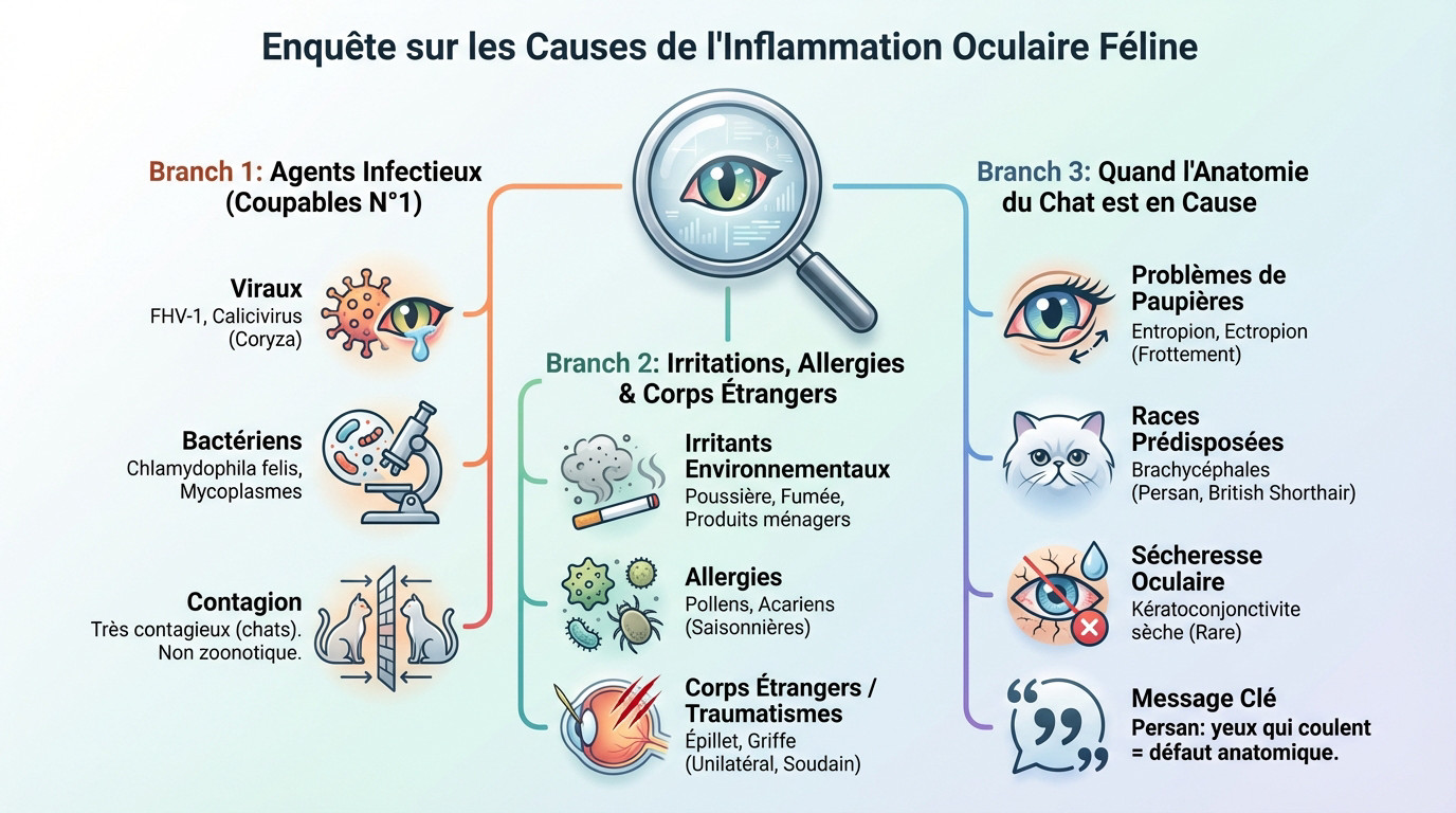 Examen vétérinaire d'un chat souffrant de conjonctivite pour identifier la cause virale, bactérienne ou allergique