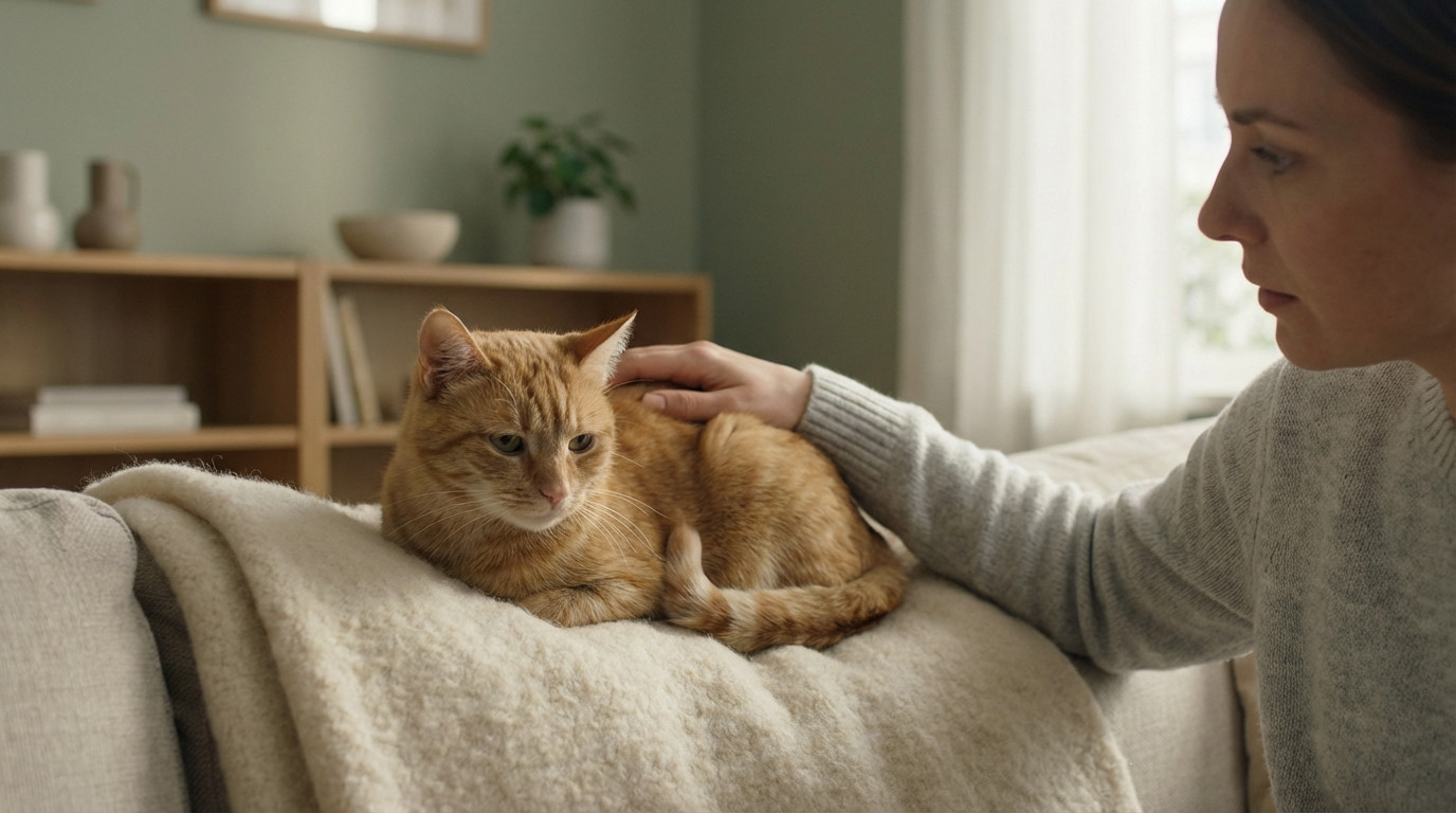 A person gently strokes a ginger cat with a subdued expression, curled on a cream blanket on a sofa in a cozy, muted living room.