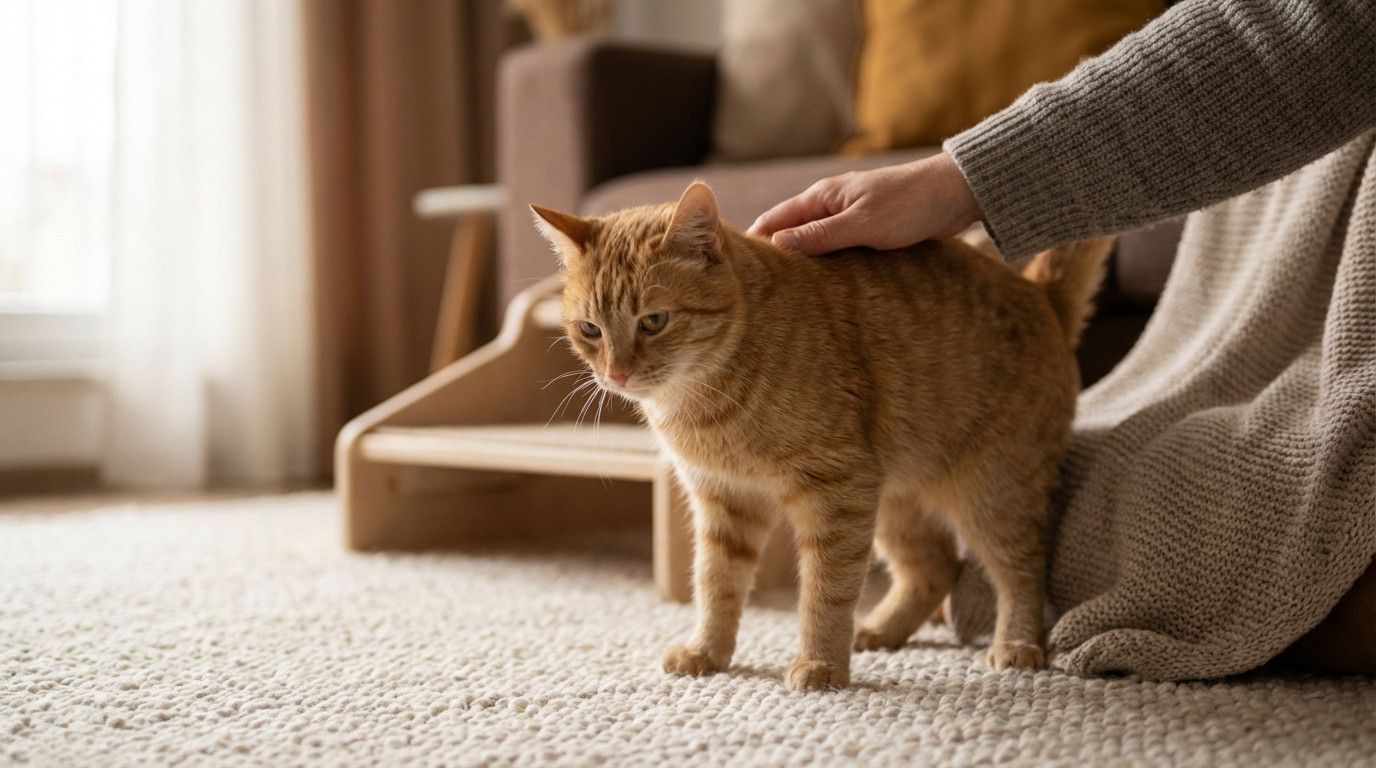 A ginger tabby cat, subtly indicating a neurological condition, receives gentle pets from a human hand in a cozy home.