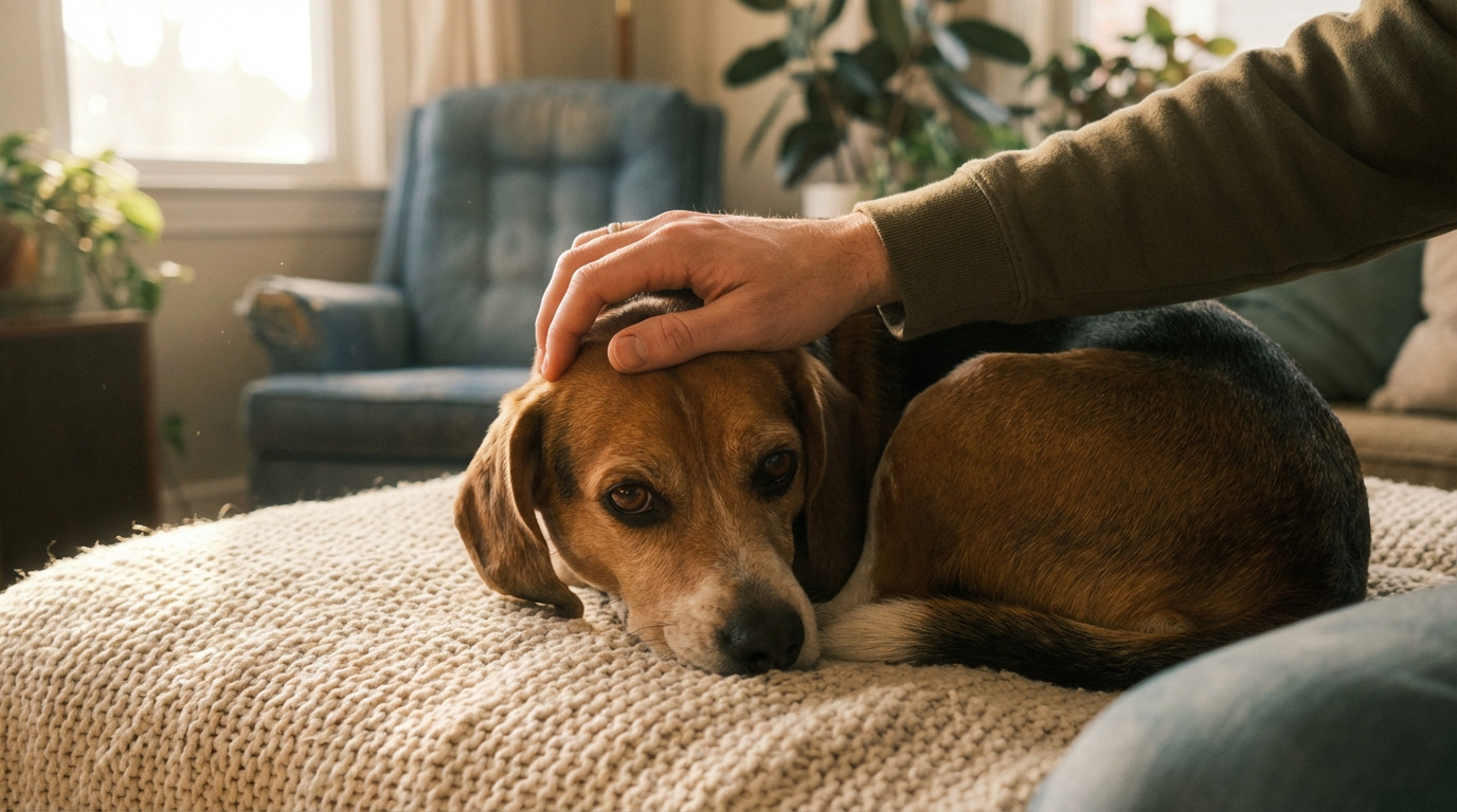 A photorealistic image of a beagle with a pensive expression, resting on a cream blanket, being gently stroked by a hand in a warm, softly lit room.