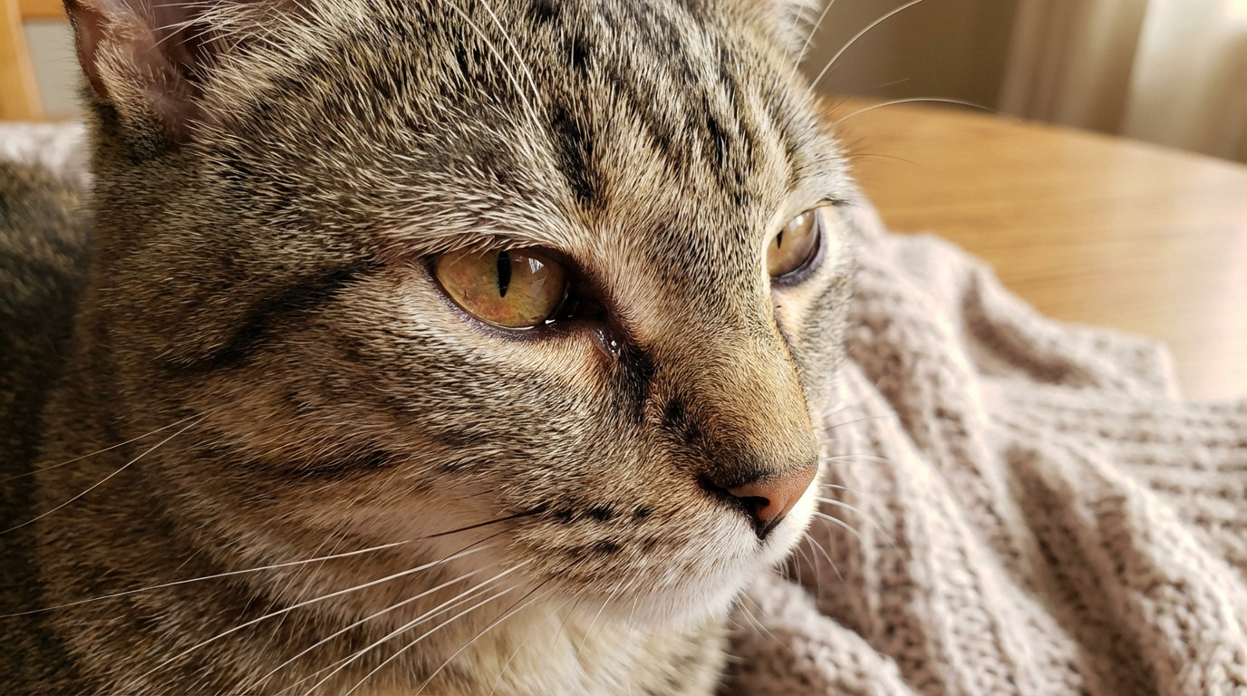 Photorealistic close-up of a pensive tabby cat with a mildly irritated, watery eye, soft light, and blurred cozy background.