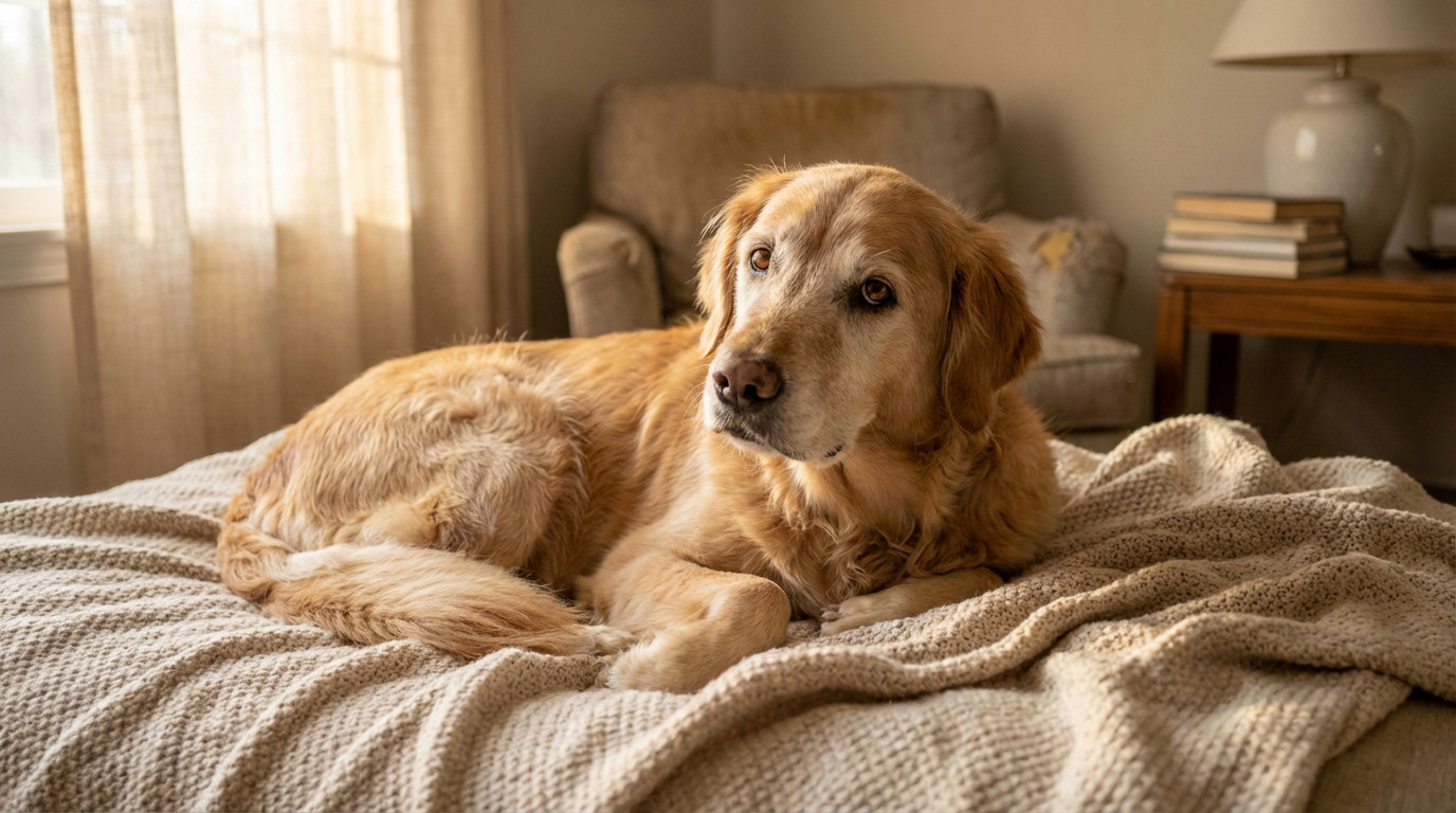 Photo of a gentle senior golden retriever resting on a soft beige blanket. Warm light, calm expression, grey muzzle visible.
