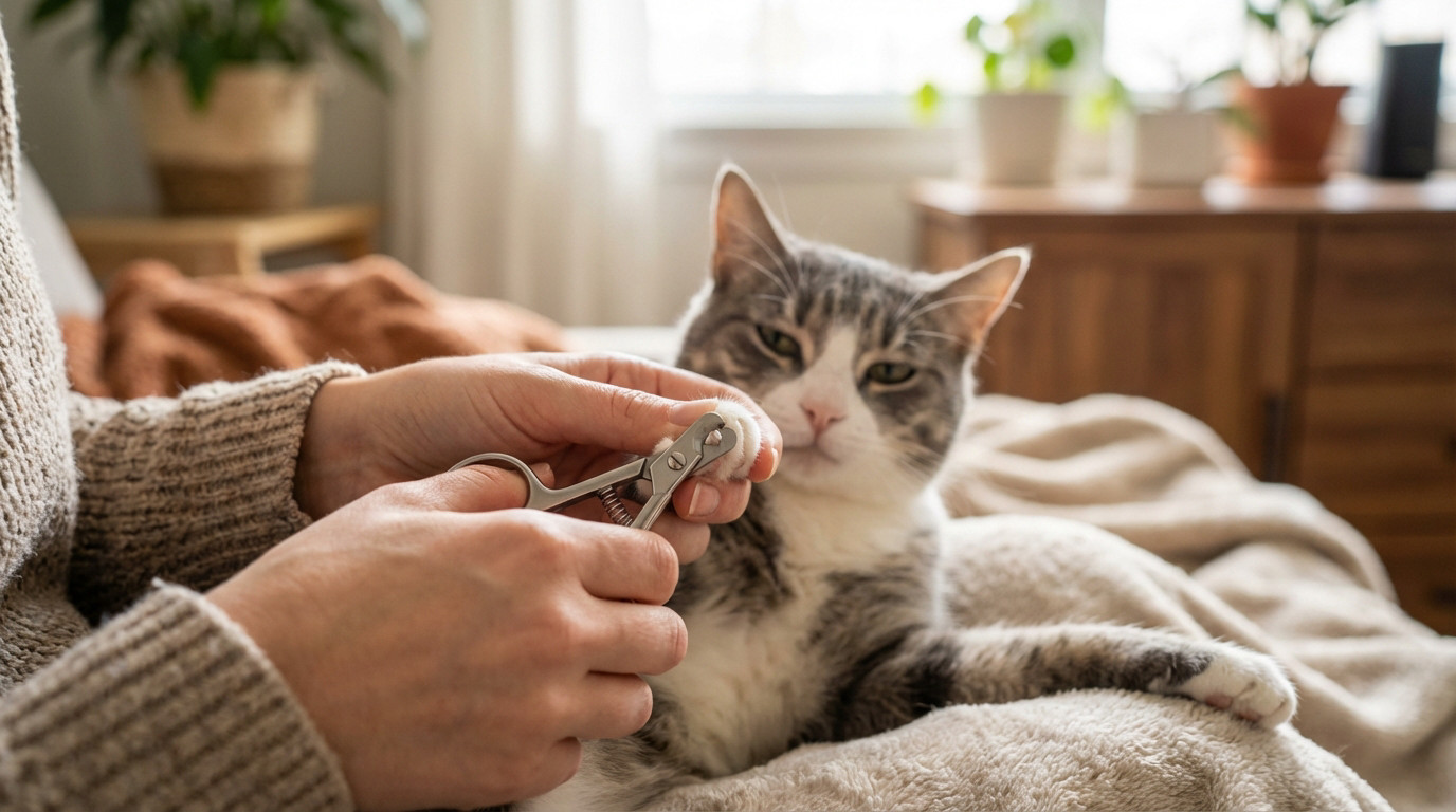 A person carefully trims a calm gray and white cat's claw with special clippers, highlighting gentle pet care in a warm indoor setting.