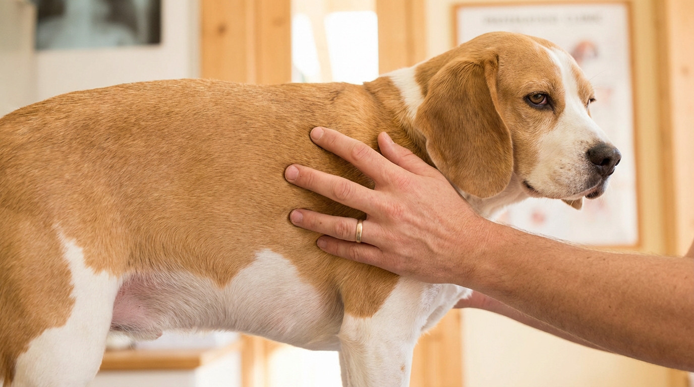 A person's hand gently inspects the healthy fur and skin of a calm, tricolored Beagle dog in a warm, indoor setting.