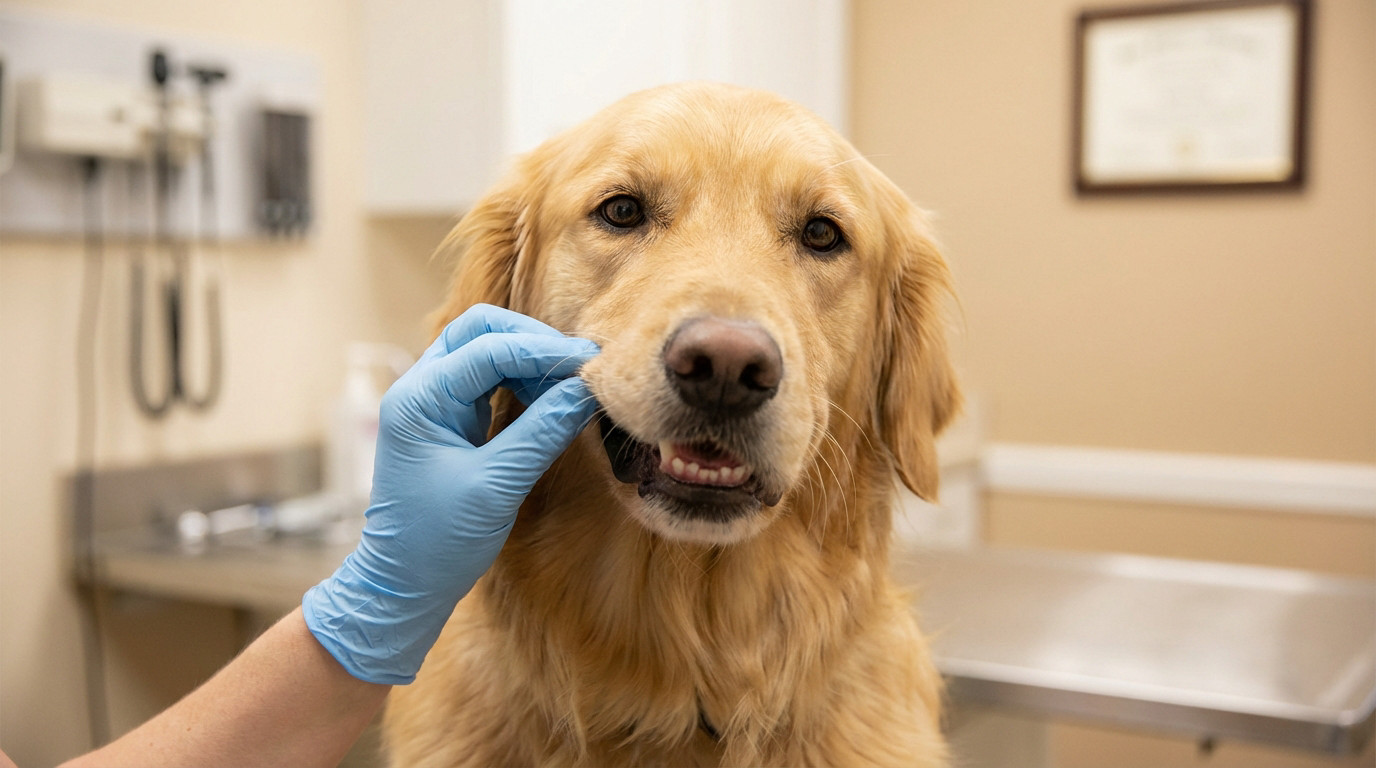 Calm Golden Retriever receives gentle oral exam from a veterinarian's gloved hand in a clean, well-lit clinic setting.