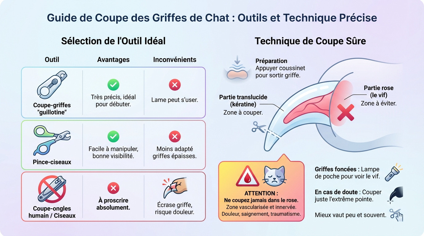 Schéma vétérinaire montrant la zone de coupe sécurisée sur une griffe de chat