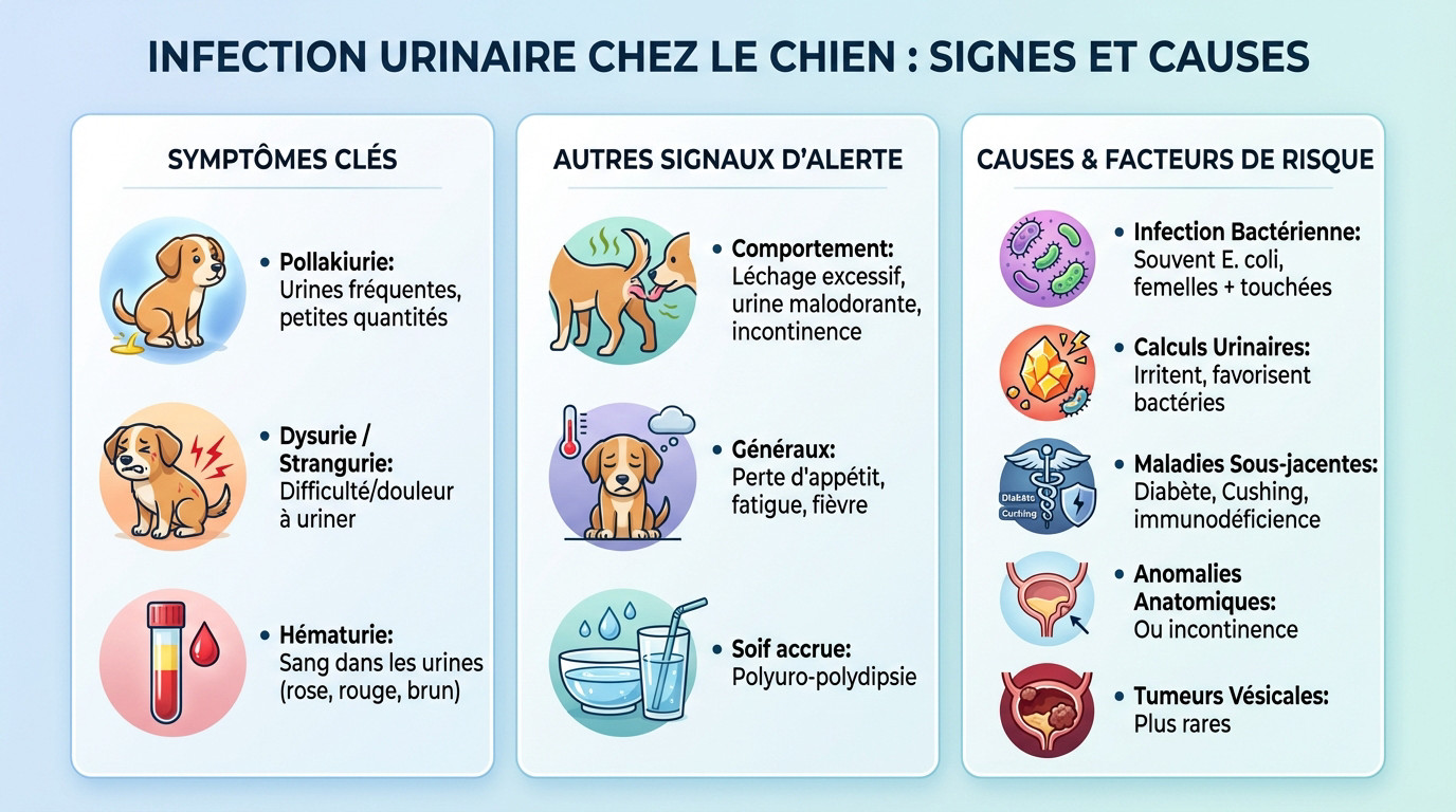 Chien présentant des signes d'inconfort urinaire et de douleur lors de la miction