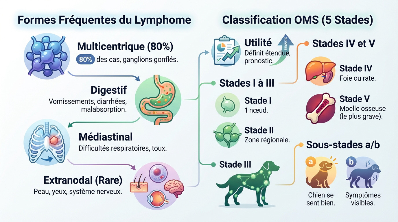 Infographie détaillant les formes cliniques et les stades OMS du lymphome chez le chien