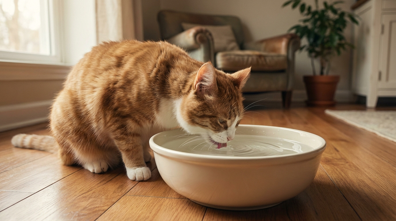 Orange and white tabby cat intently drinking water from a ceramic bowl on a wooden floor, suggesting prolonged thirst.