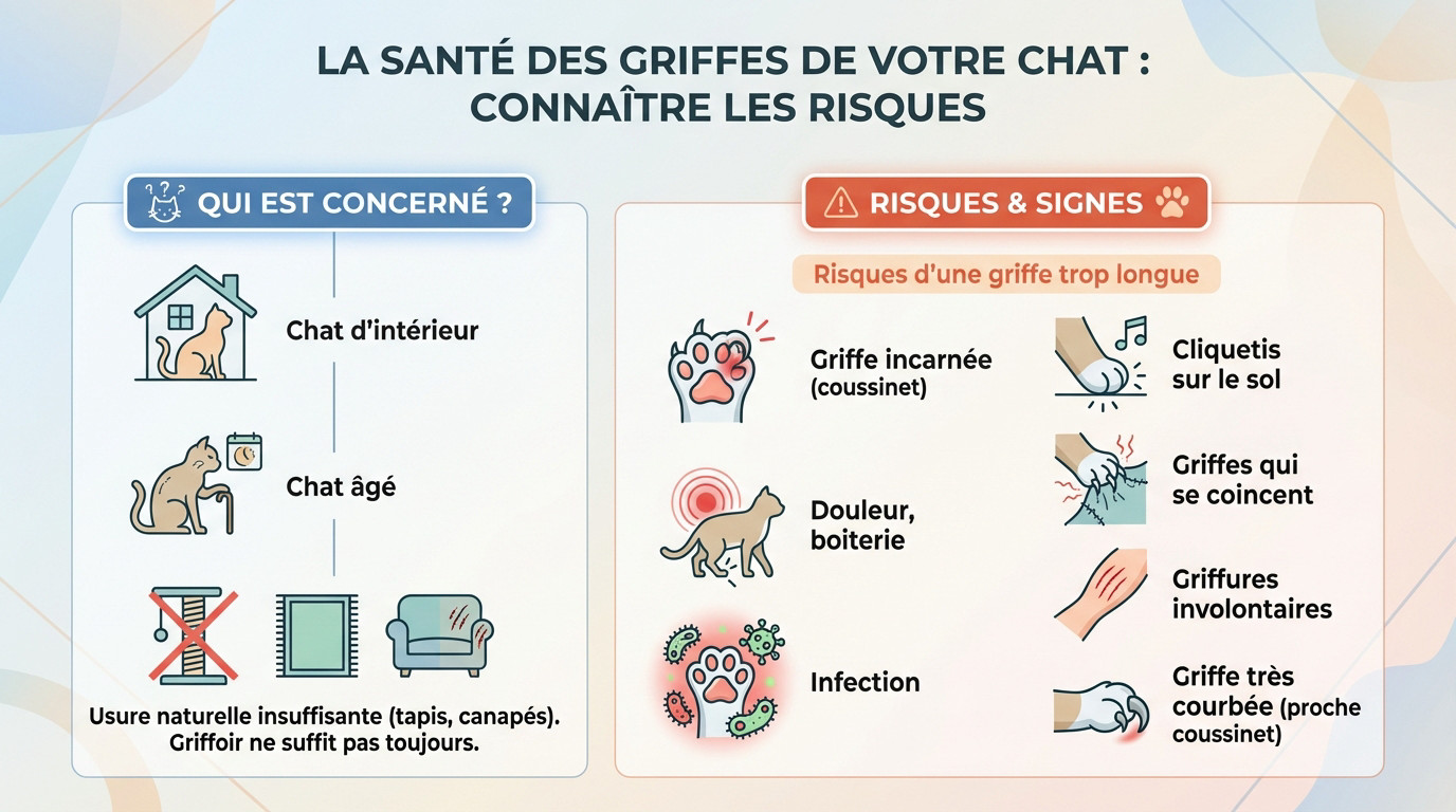 Chat âgé avec des griffes trop longues nécessitant une coupe pour éviter l'incarnation
